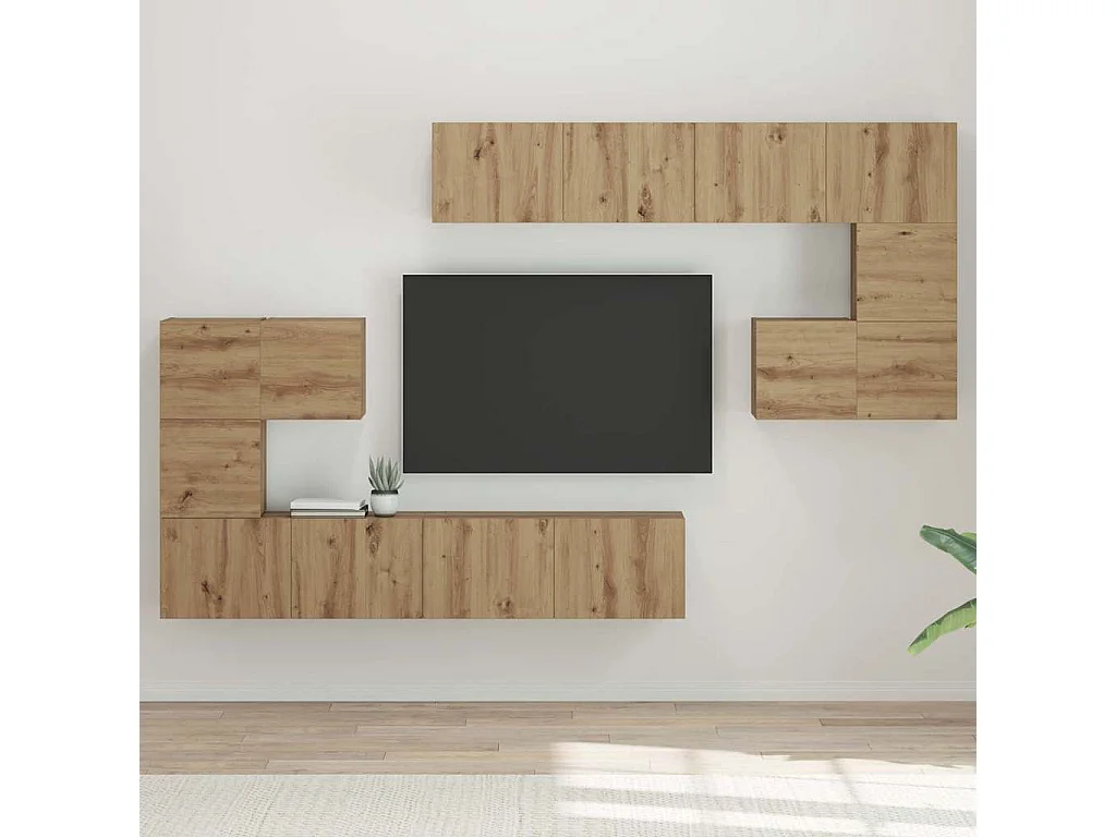 Set porta TV da parete 8 pezzi in rovere artigianale