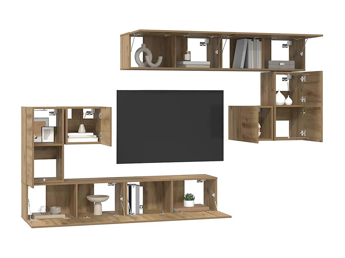 Set porta TV da parete 8 pezzi in rovere artigianale