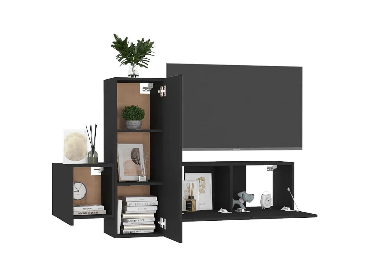 Set di mobili porta TV da 3 pezzi in legno ingegnerizzato nero