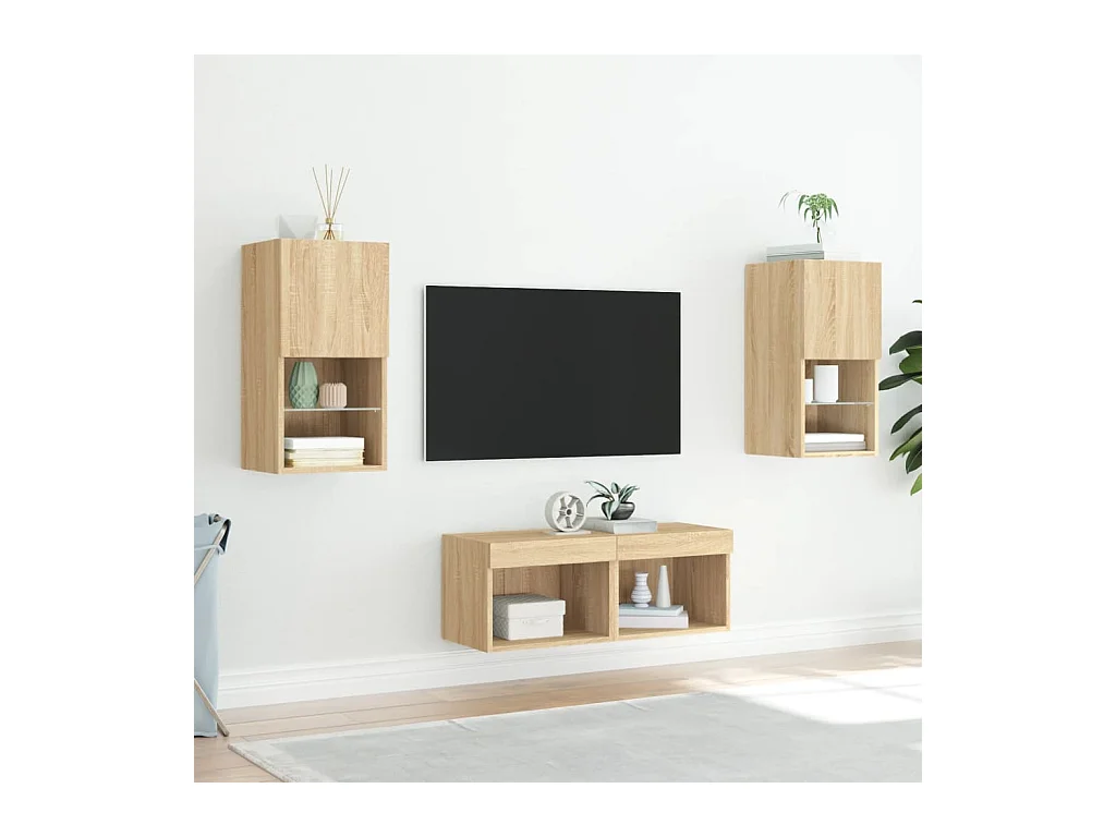 4-delige wand-tv-kast met ledverlichting, Sonoma Oak