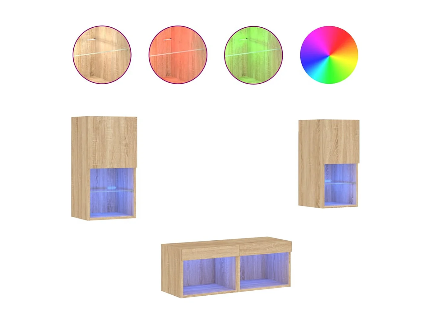 4-teiliger TV-Wandschrank mit LED-Beleuchtung, Sonoma-Eiche
