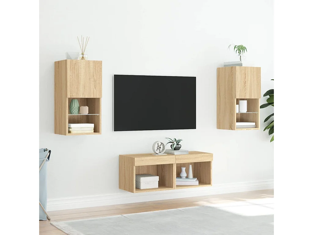 4-teiliger TV-Wandschrank mit LED-Beleuchtung, Sonoma-Eiche