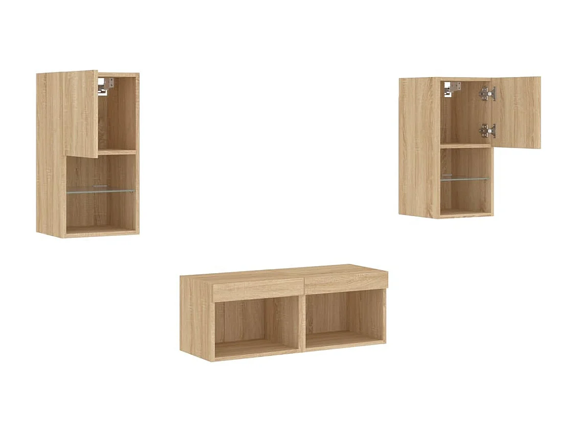 4-teiliger TV-Wandschrank mit LED-Beleuchtung, Sonoma-Eiche