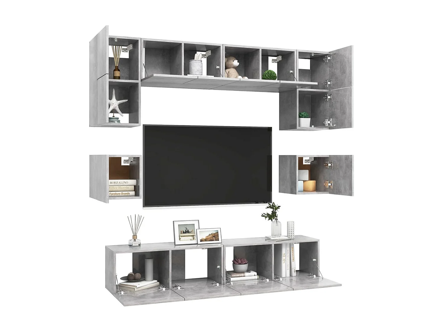 Set di mobili porta TV grigio cemento da 8 pezzi in legno ingegnerizzato