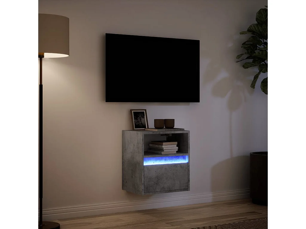 Mobile porta TV a parete con luci LED, grigio cemento, 41x31x45 cm