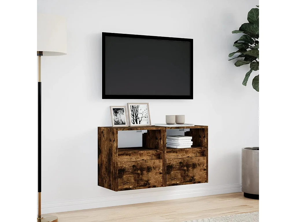 Mobili TV a parete e luci LED 2 pezzi rovere fumé 41x31x45 cm