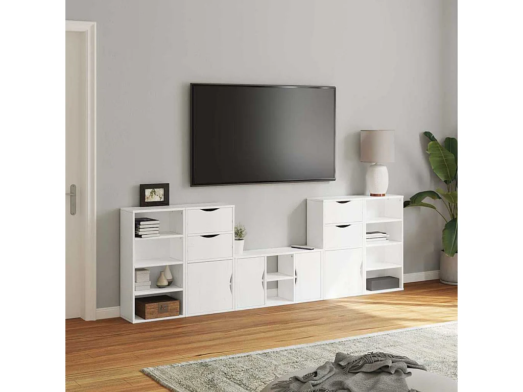 Meubles TV 5 pcs avec rangement ODDA blanc bois de pin massif