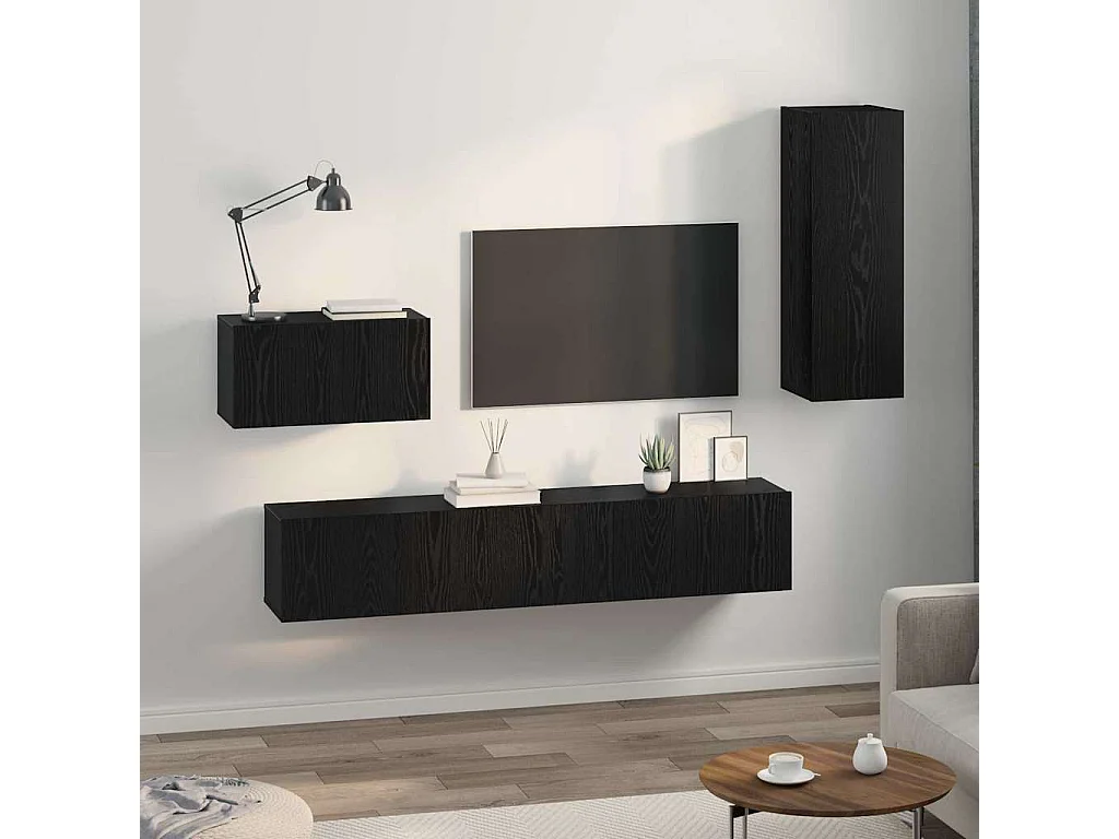 Meuble TV mural Montage mural 4 pcs Chêne noir 200 x 30 x 30 cm