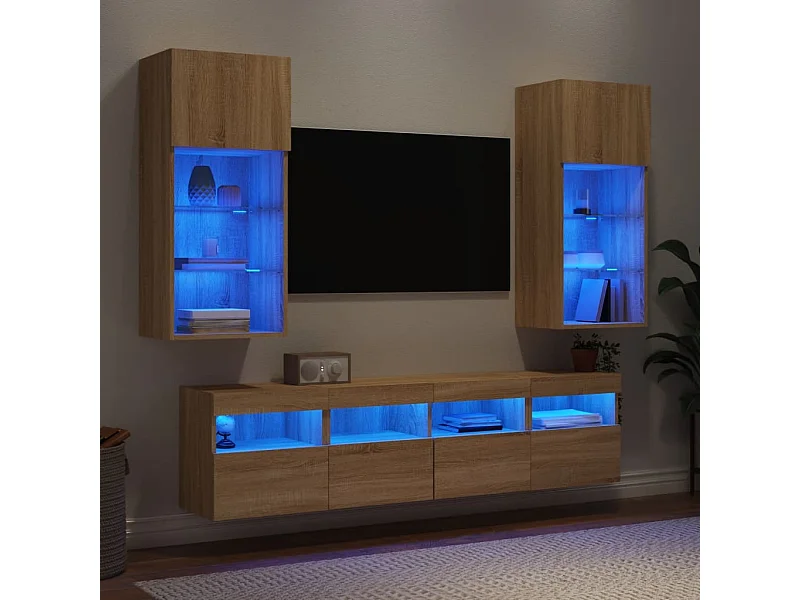Parete attrezzata TV con LED 5 pezzi in legno ingegnerizzato rovere Sonoma