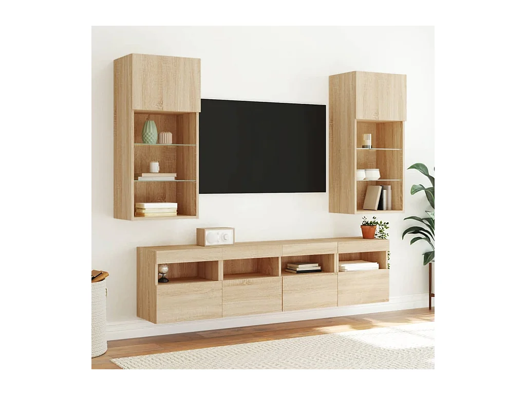 Parete attrezzata TV con LED 5 pezzi in legno ingegnerizzato rovere Sonoma