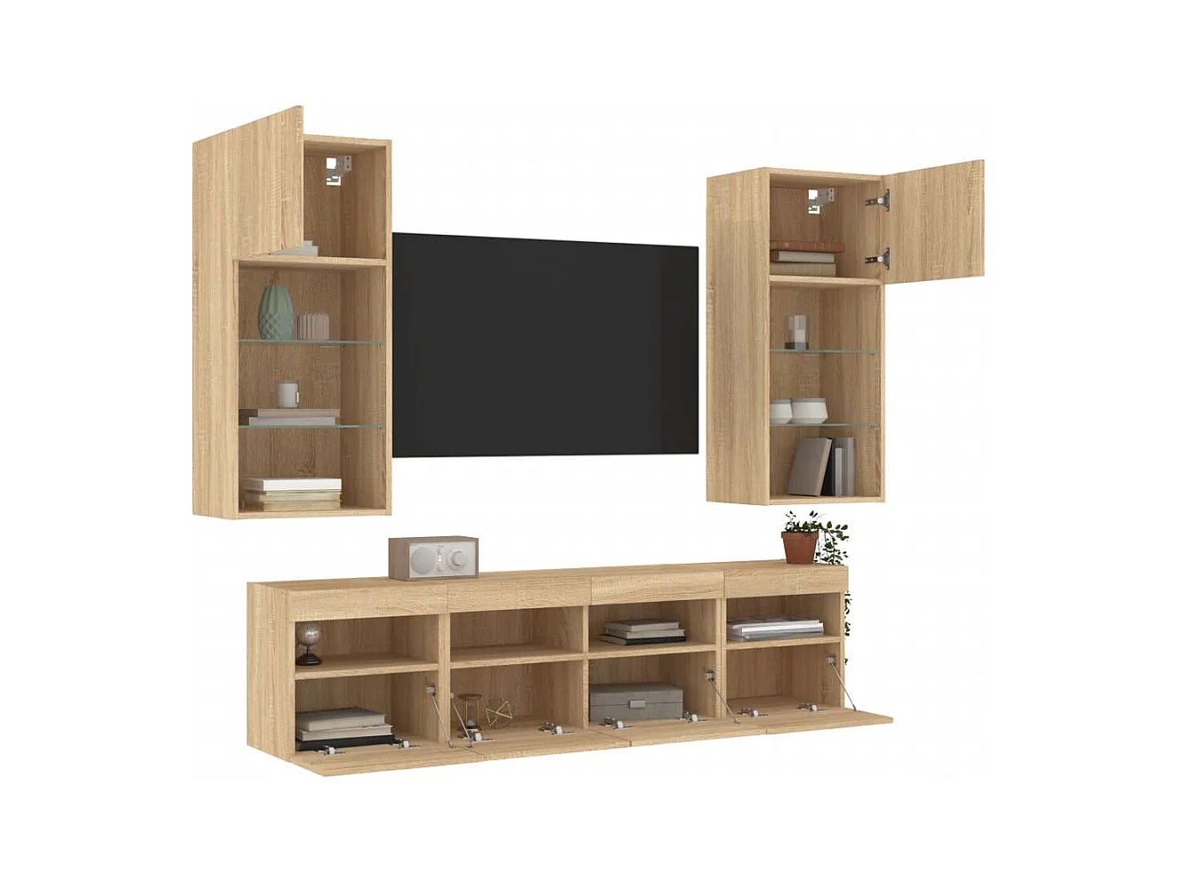 Parete attrezzata TV con LED 5 pezzi in legno ingegnerizzato rovere Sonoma