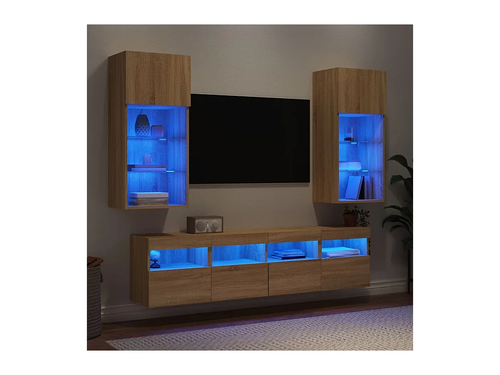 Parete attrezzata TV con LED 5 pezzi in legno ingegnerizzato rovere Sonoma