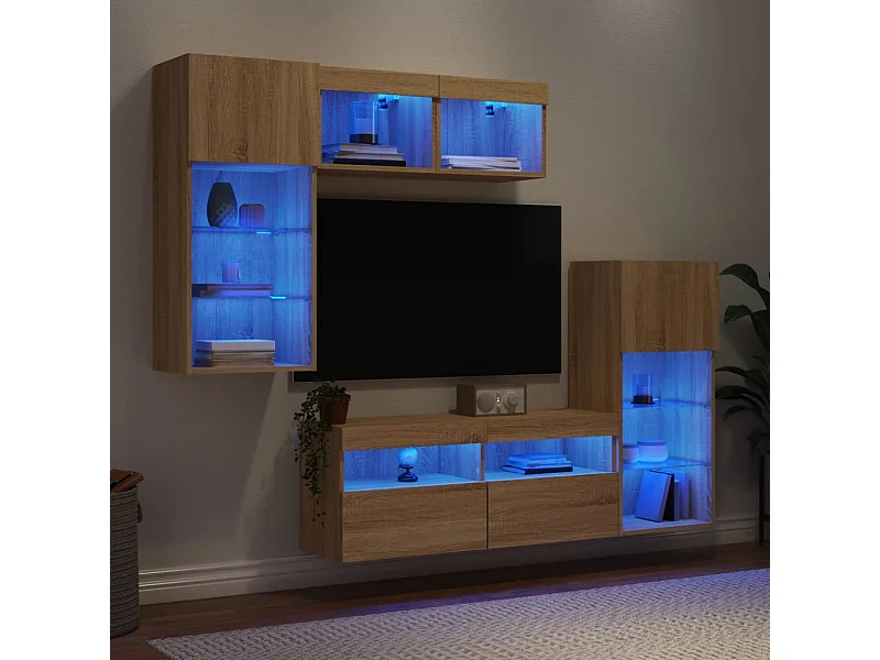 Muebles de pared para TV con LED, 5 piezas, madera de ingeniería de roble sonoma