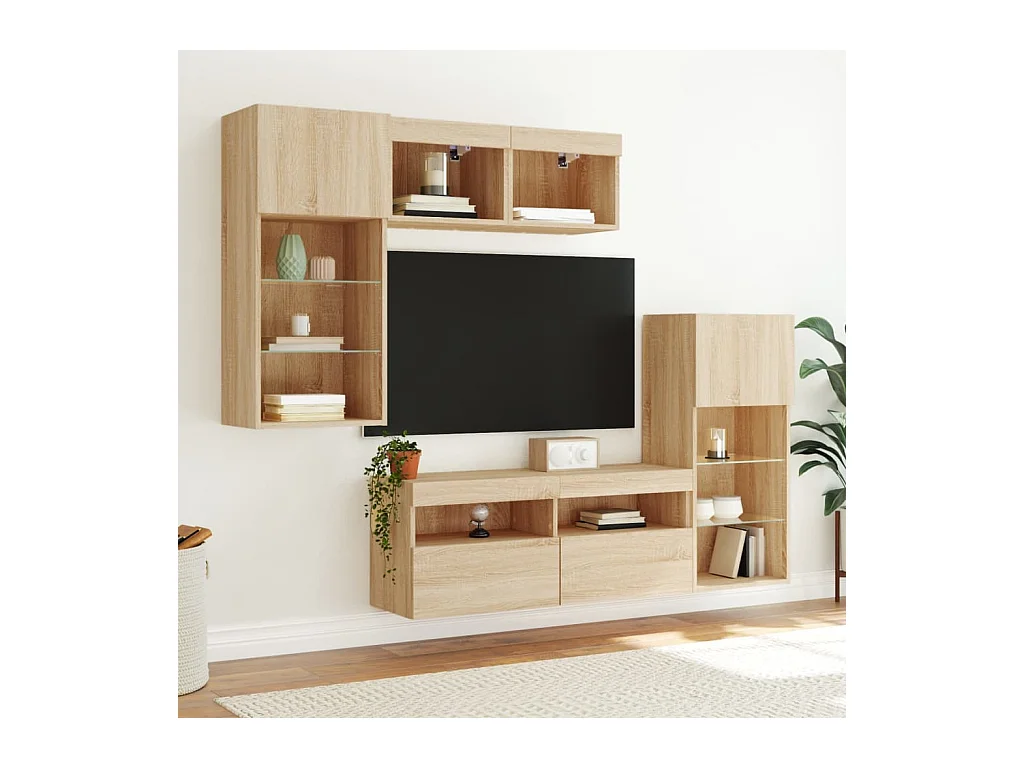 Muebles de pared para TV con LED, 5 piezas, madera de ingeniería de roble sonoma