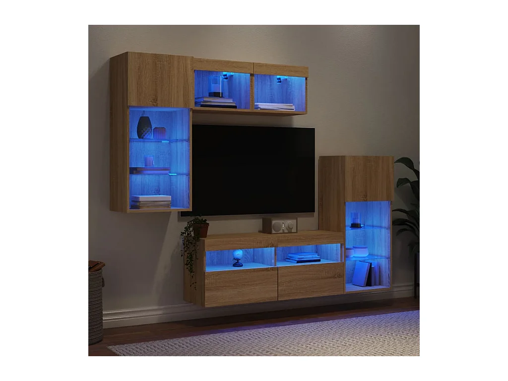 Parete attrezzata TV con LED 5 pezzi in legno ingegnerizzato rovere Sonoma