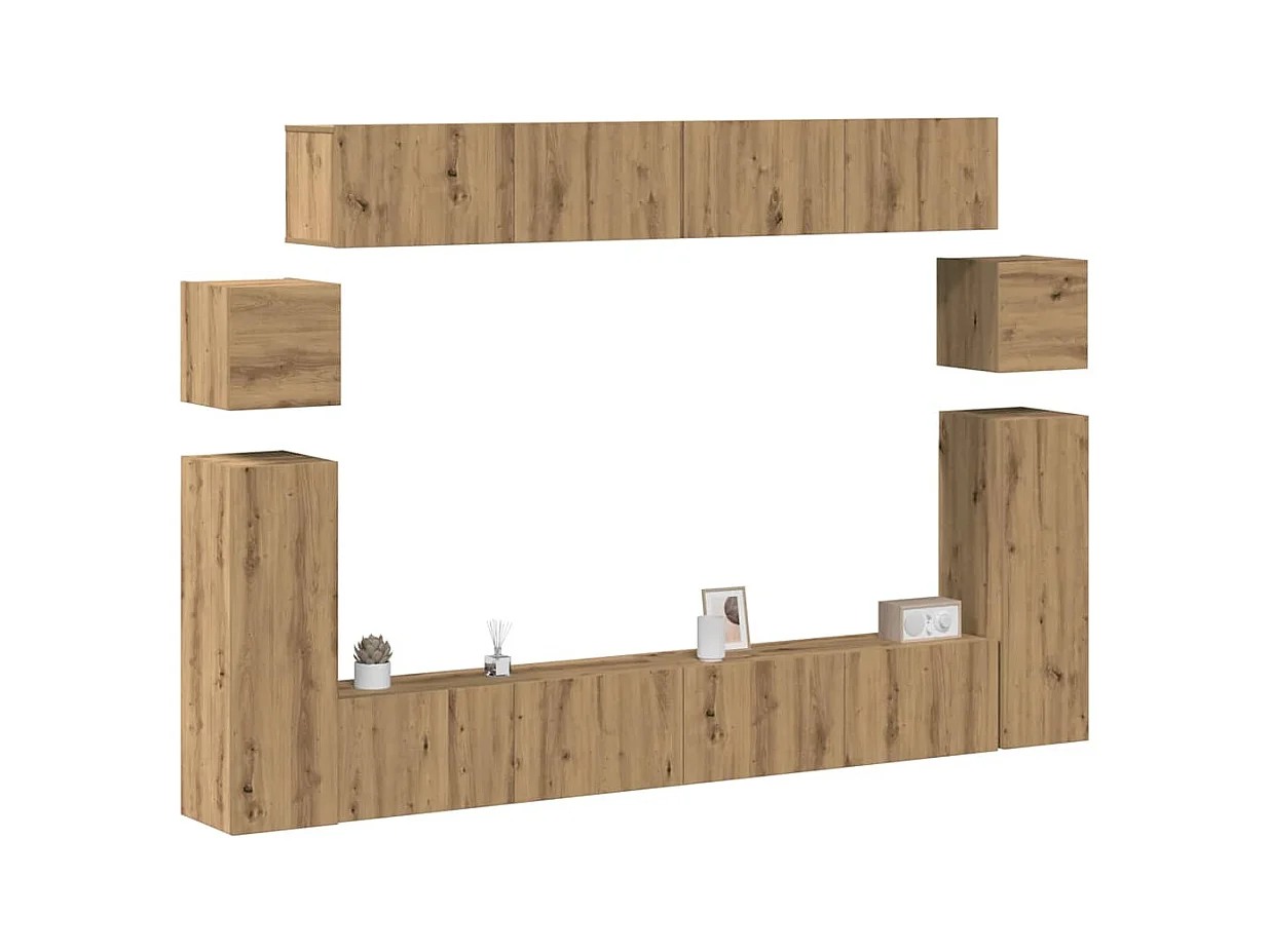 8-teiliges TV-Wandschrank-Set, handgefertigte Eiche