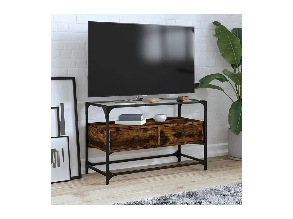 Mobile TV con piano in vetro, legno ingegnerizzato rovere fumé