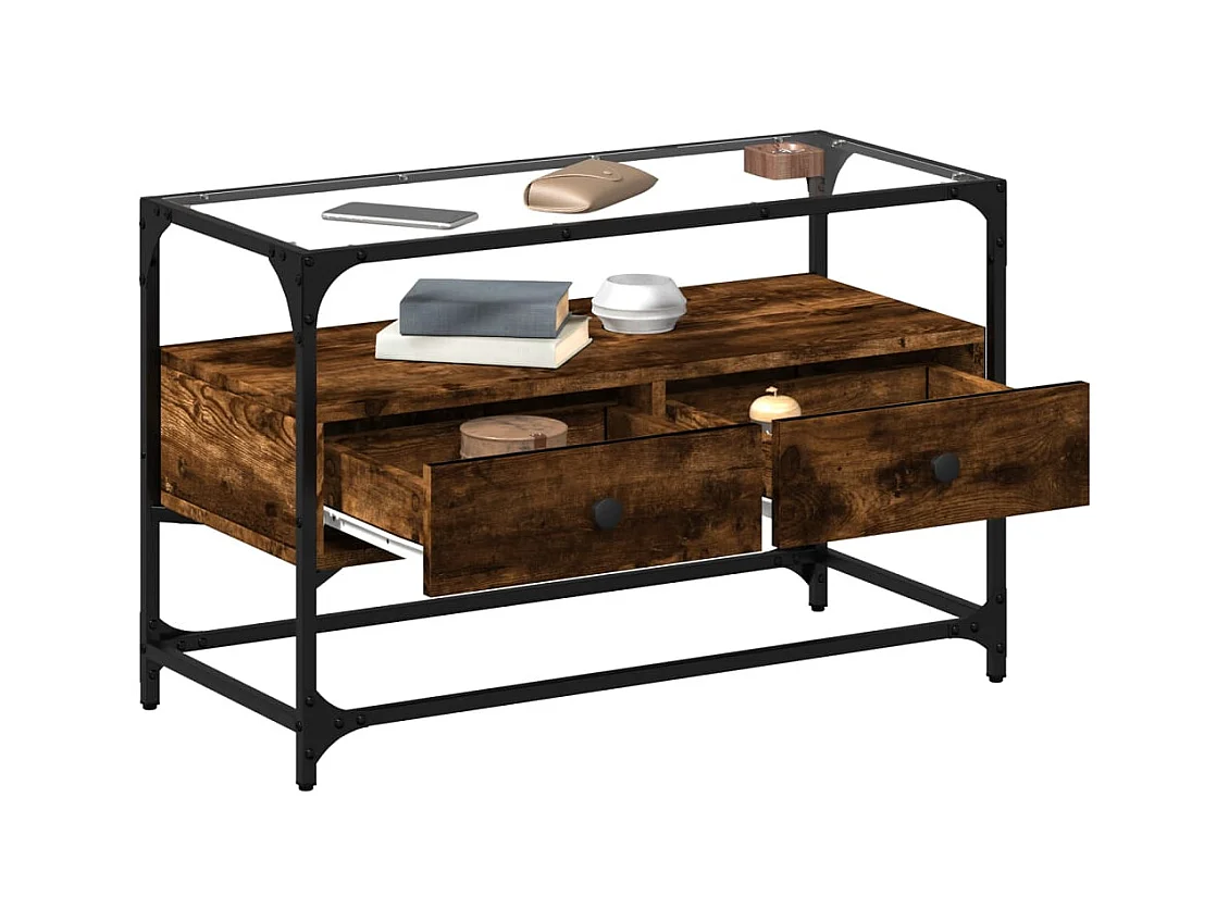 Mobile TV con piano in vetro, legno ingegnerizzato rovere fumé