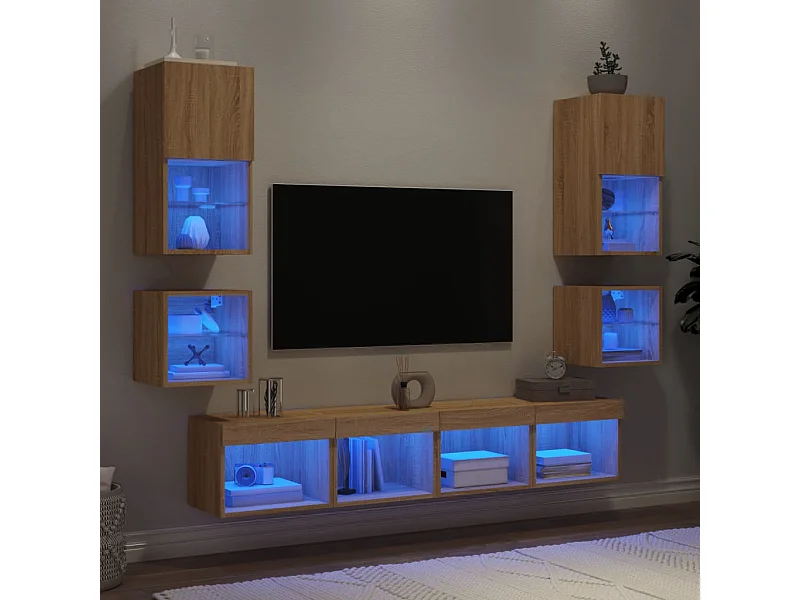 Parete attrezzata TV con LED 8 pezzi in legno ingegnerizzato rovere Sonoma