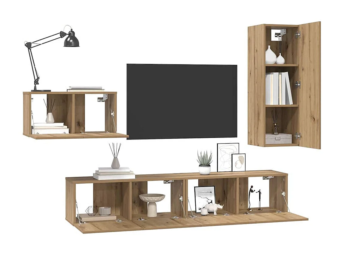 Set di mobili TV da 4 pezzi, rovere lavorato a mano, 30,5 x 30 x 90 cm