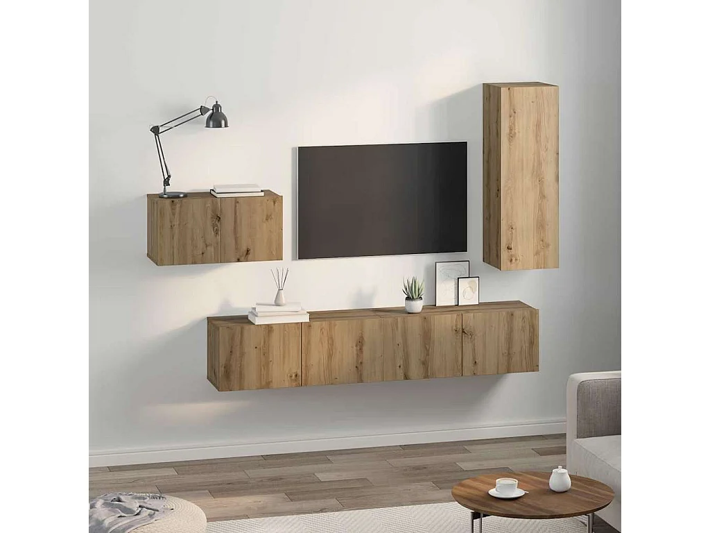 Set di mobili TV da 4 pezzi, rovere lavorato a mano, 30,5 x 30 x 90 cm