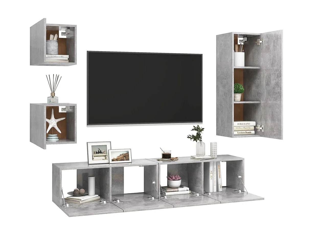 Conjunto de soporte para TV de 5 piezas de madera de ingeniería gris hormigón