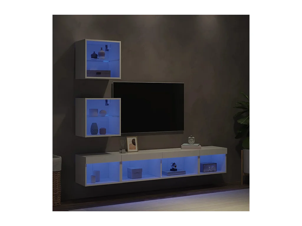Unités murales TV avec LED 5 pcs blanc bois d'ingénierie