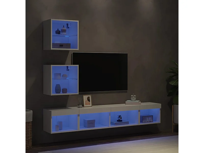 Unités murales TV avec LED 5 pcs blanc bois d'ingénierie