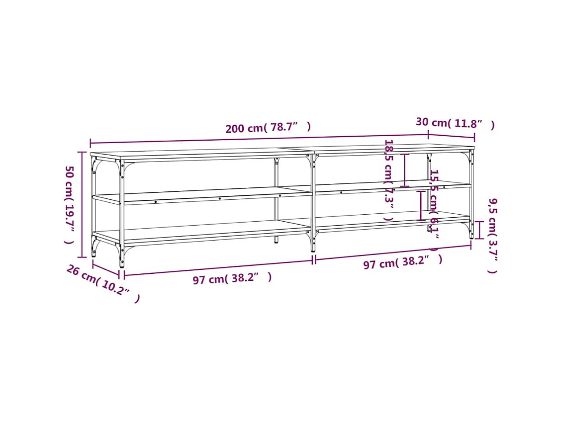 Mueble de TV Sonoma gris 200x30x50 cm de madera contrachapada y metal