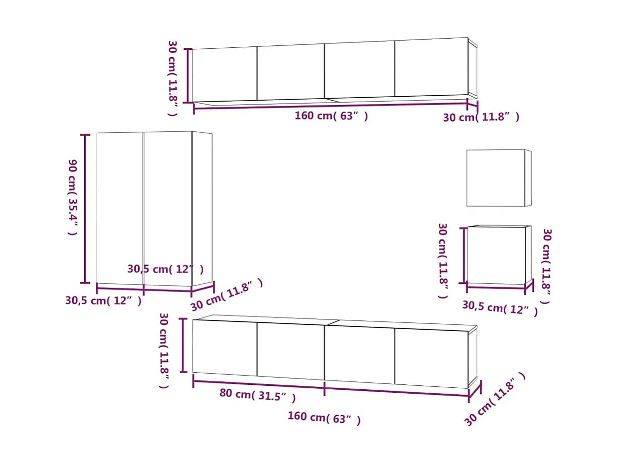 Set di mobili TV da 8 pezzi in legno ingegnerizzato Sonoma Oak