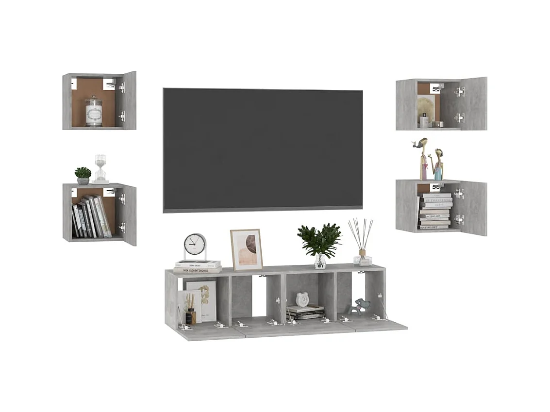 6-delige tv-meubelset Betongrijs Technisch hout