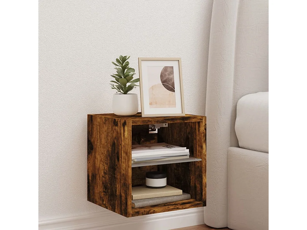 Wandmontierter TV-Schrank mit LED-Beleuchtung, geräucherte Eiche, 30x28,5x30 cm