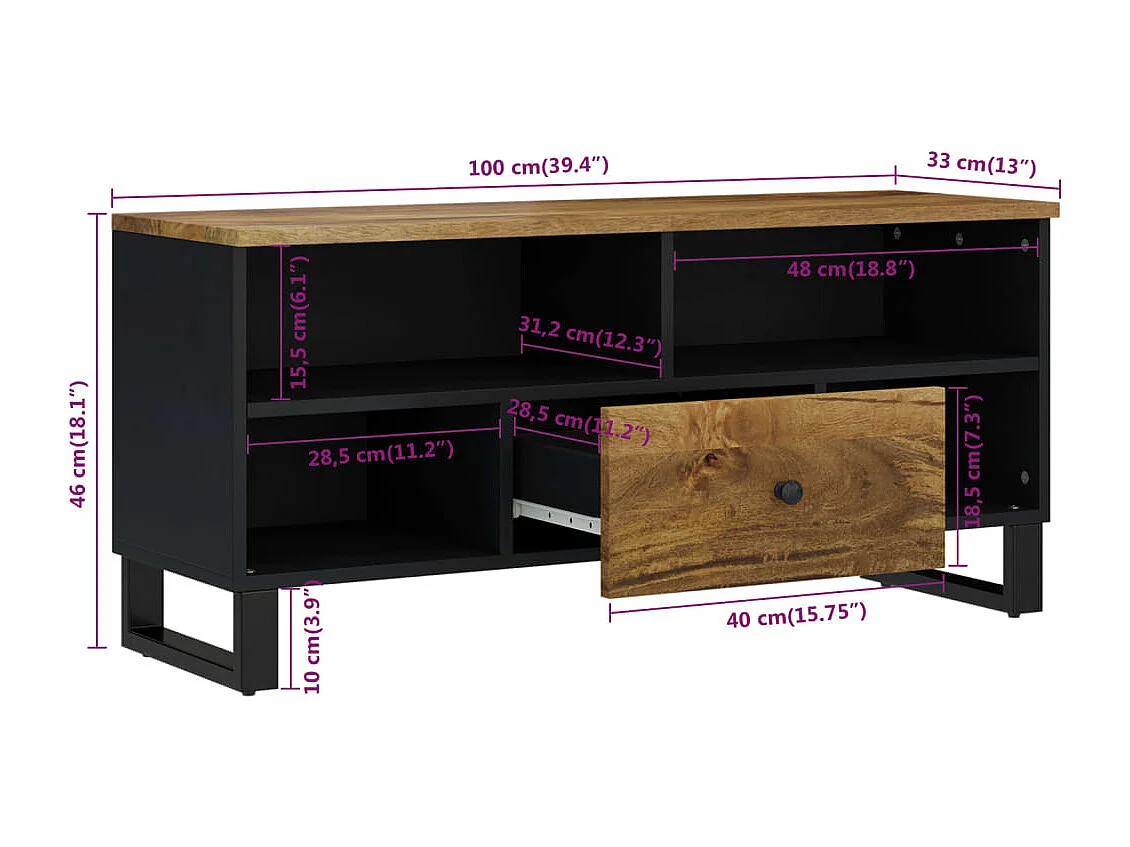 TV-meubel 100x33x46 cm mangohout en bewerkt hout