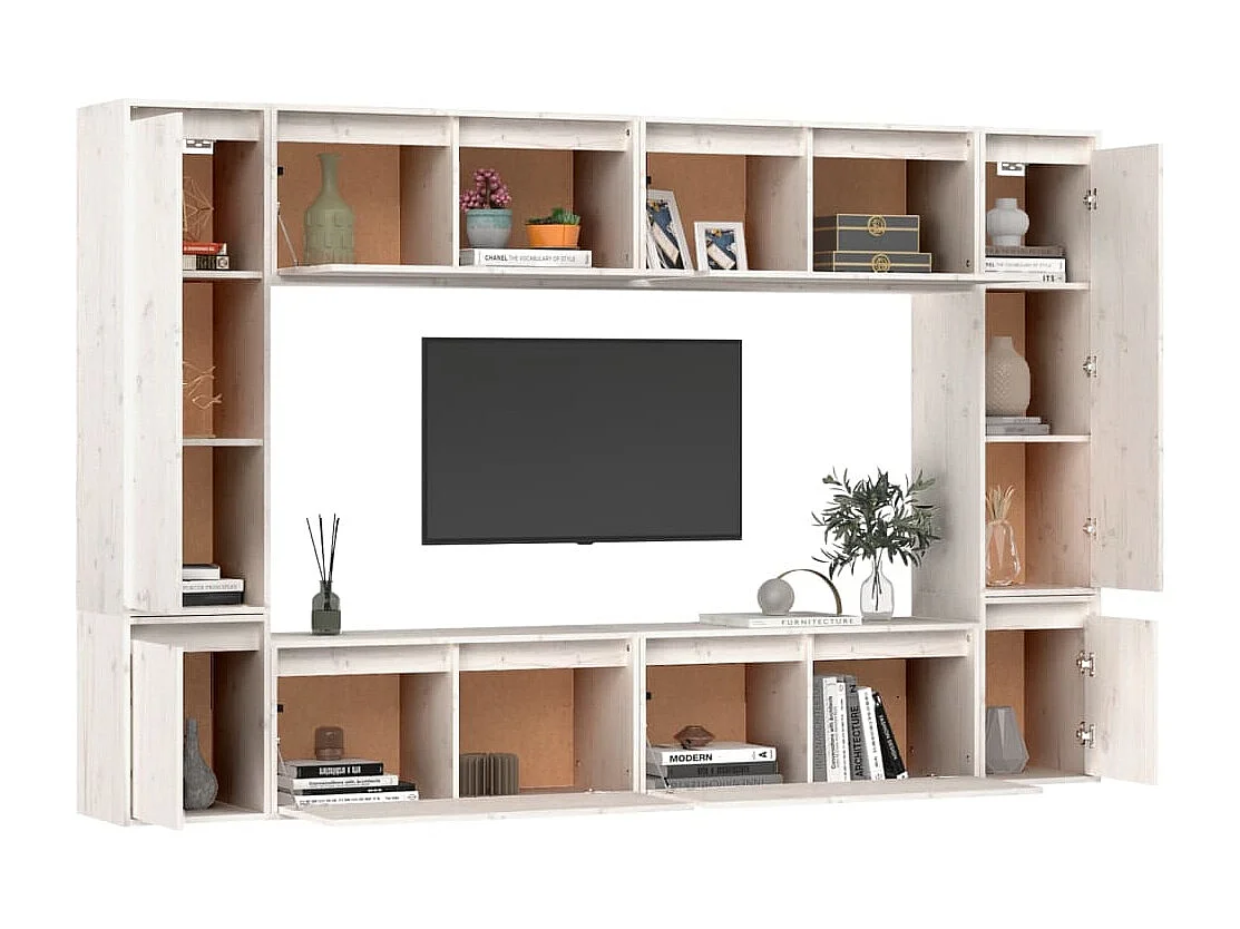 Set di mobili TV da 8 pezzi in legno massello di pino bianco
