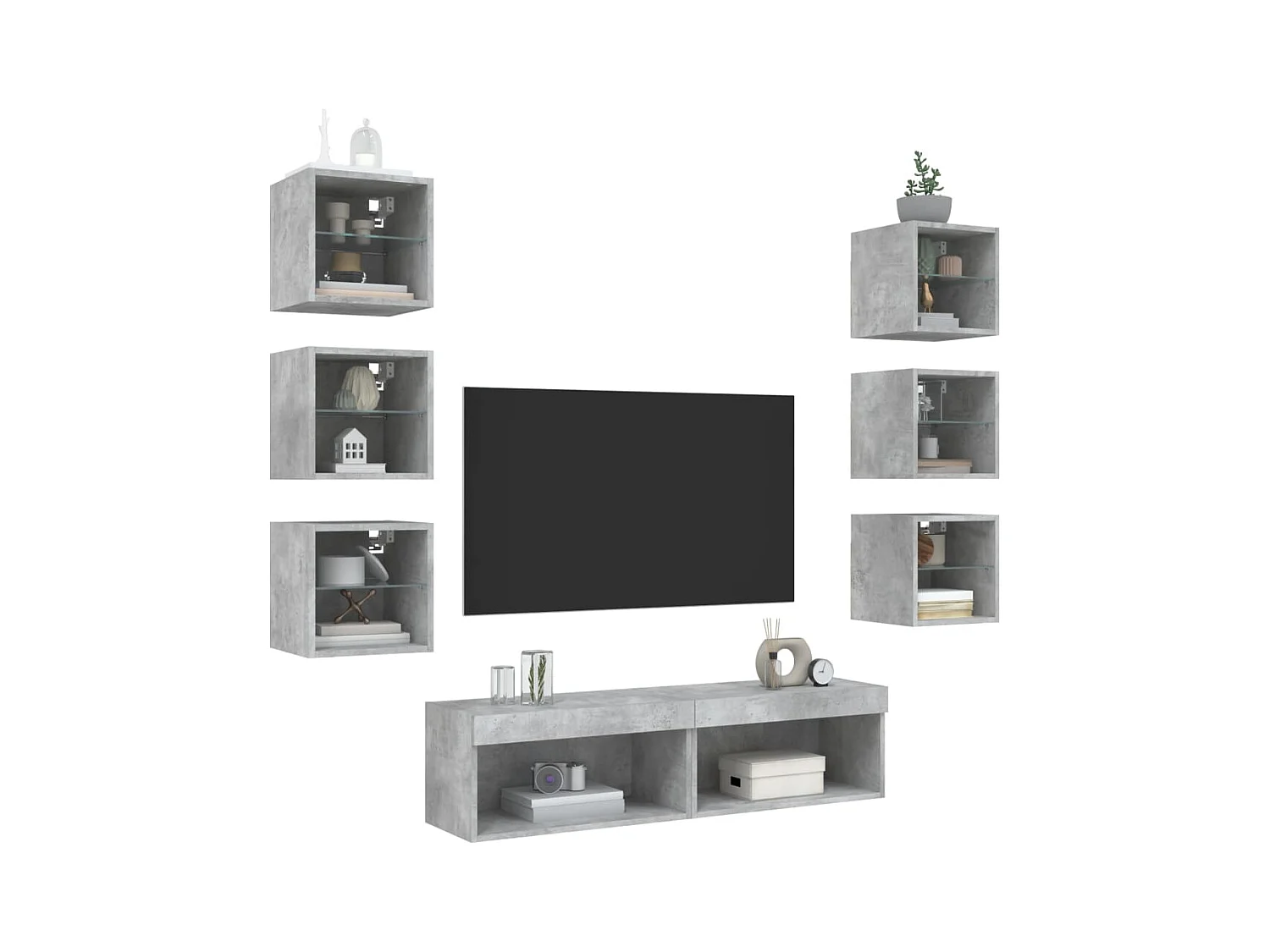 Unités murales TV avec LED 8 pcs gris béton bois d'ingénierie