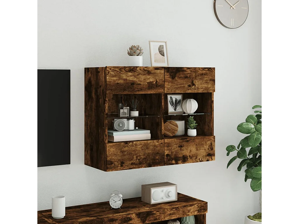 Mobile TV a parete con luci LED, rovere fumé, 78,5 x 30 x 60,5 cm