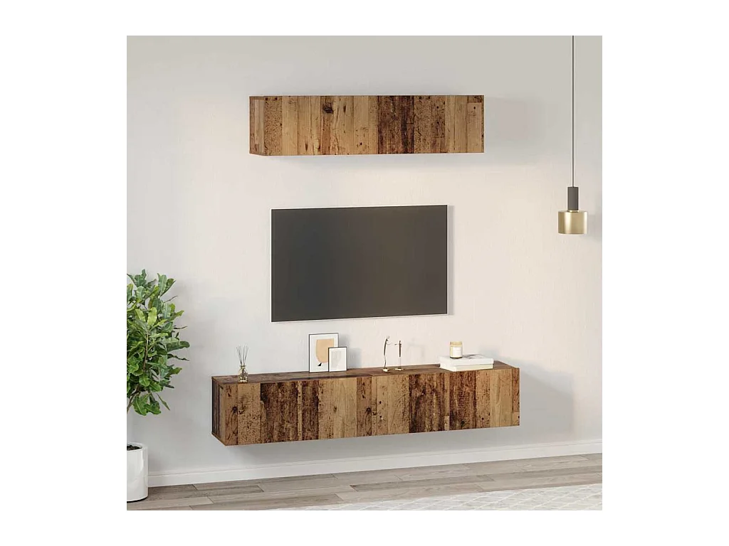TV-Ständer-Set zur Wandmontage, 4-teilig, Antikholz, mittelgroß