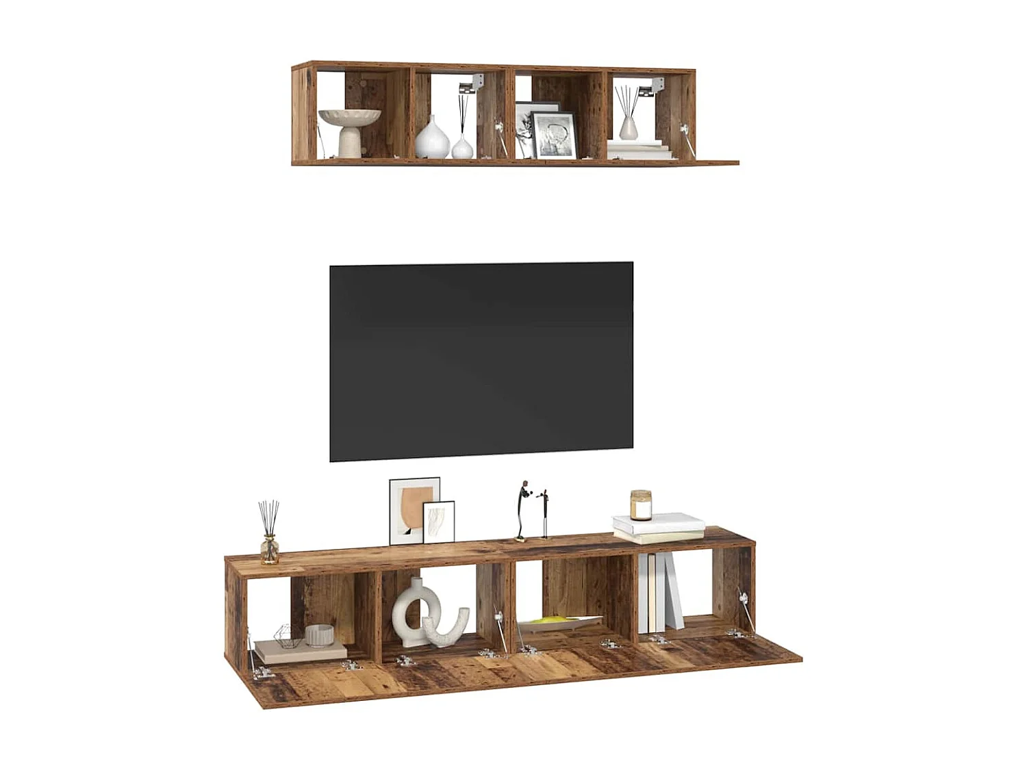 Set porta TV da parete 4 pezzi in legno antico medio