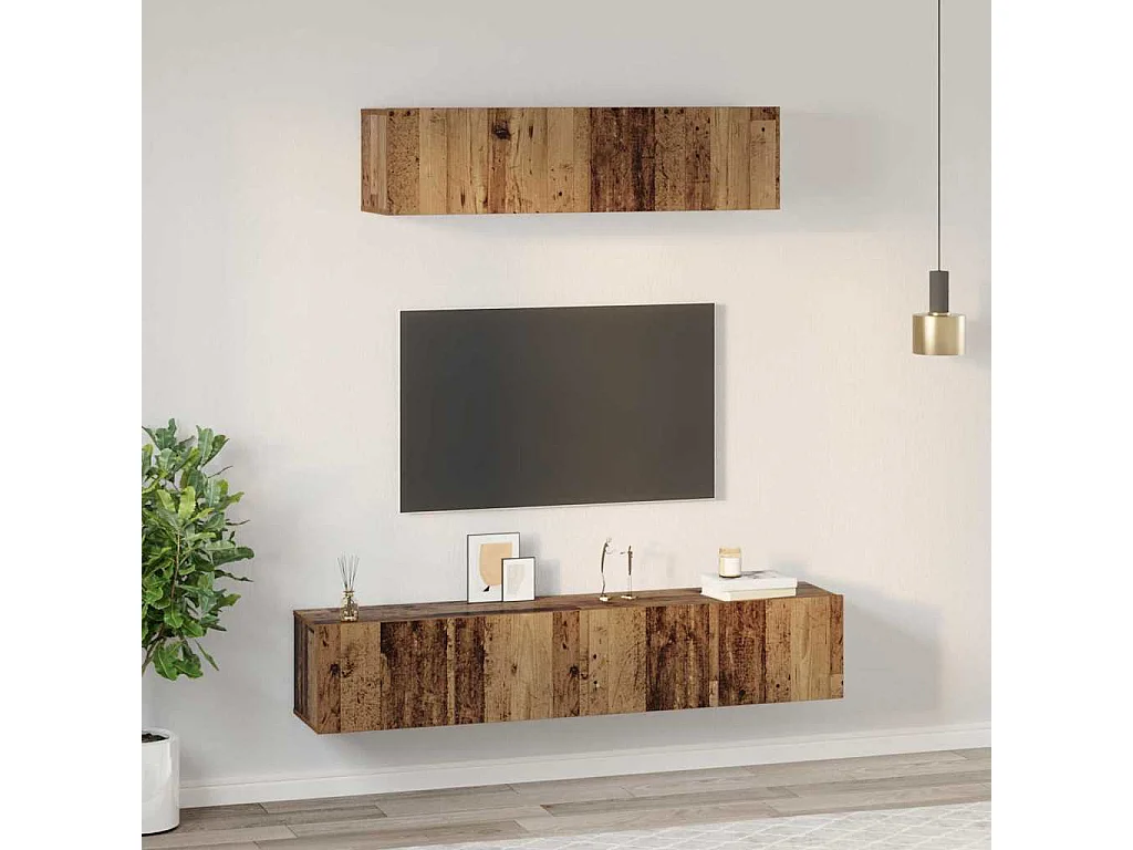 Set porta TV da parete 4 pezzi in legno antico medio