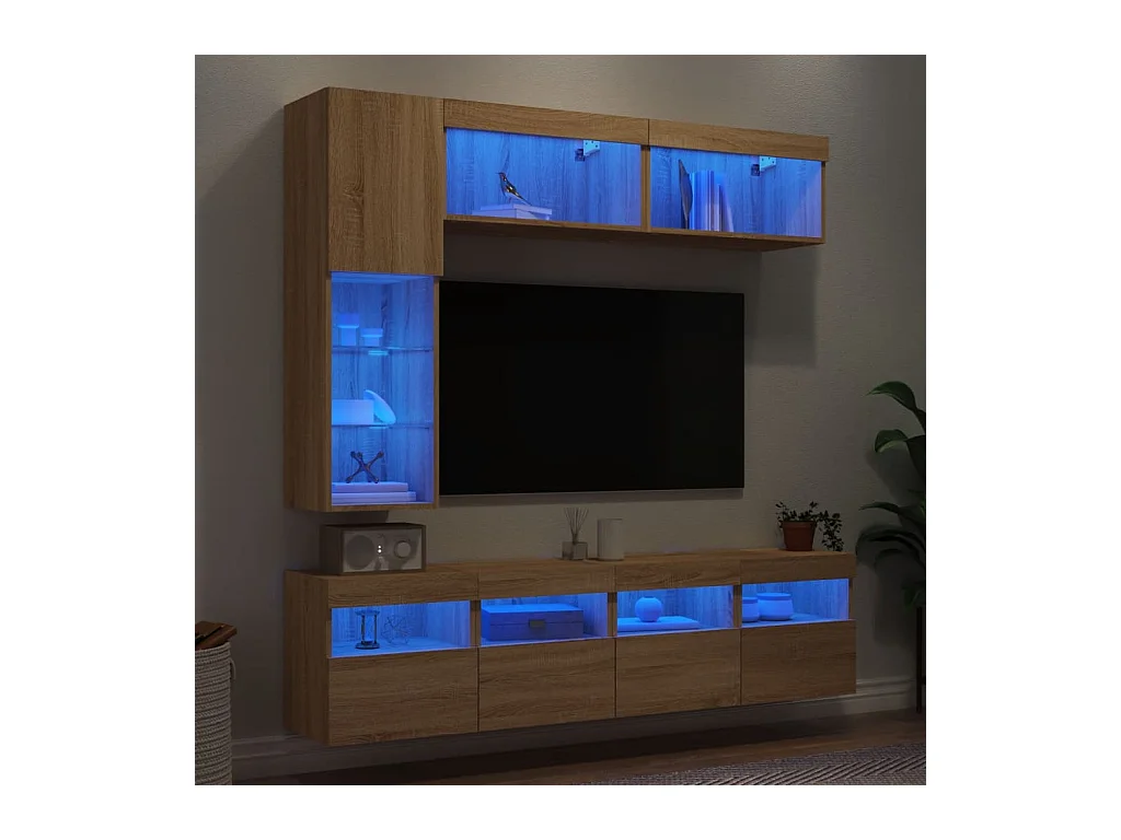 Set di mobili TV da parete da 7 pezzi con luci a LED, Sonoma Oak