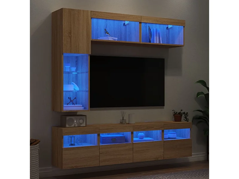 Ensemble de meubles TV muraux 7pcs et lumières LED chêne sonoma