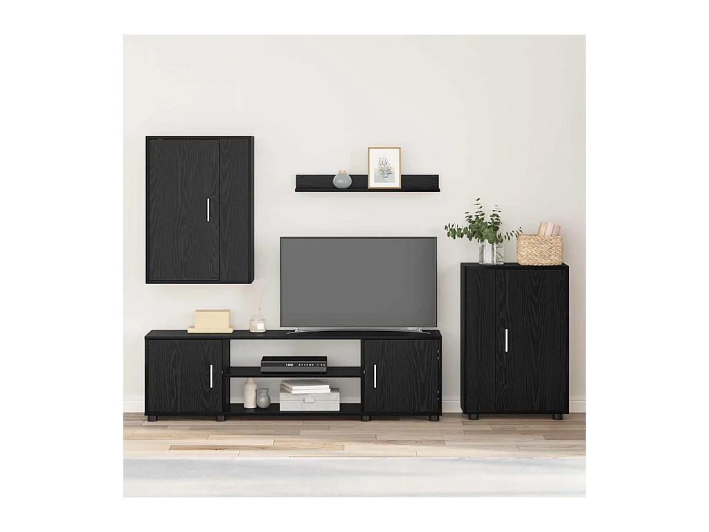 Set di 4 mobili porta TV da parete, 4 pezzi, rovere nero