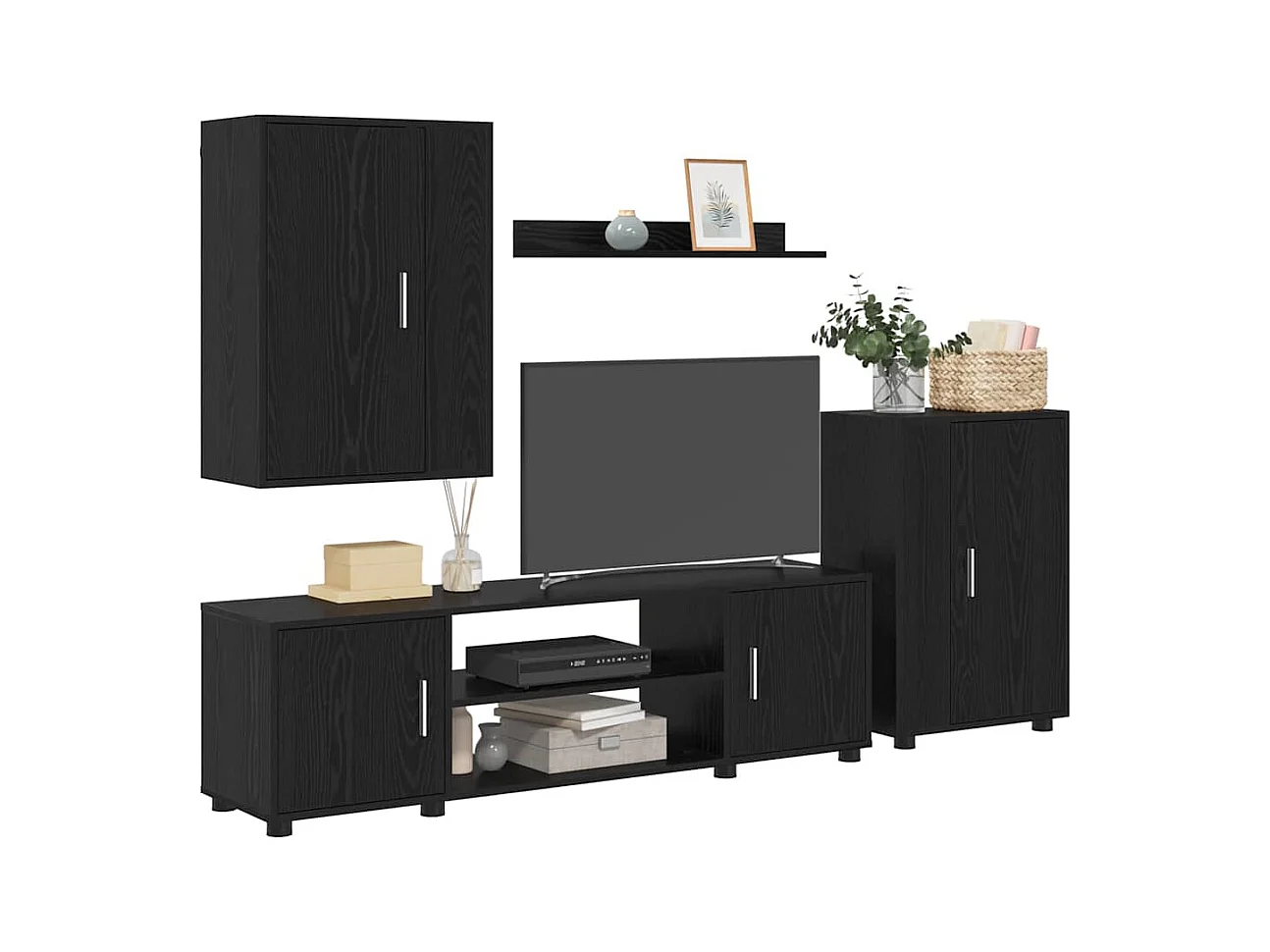 Set di 4 mobili porta TV da parete, 4 pezzi, rovere nero