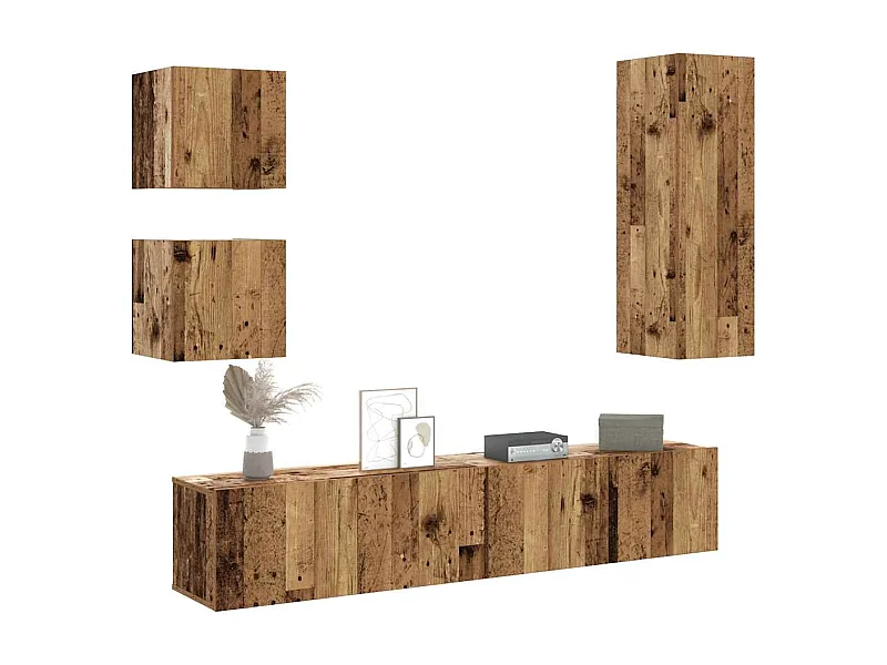 5-delige wandmeubelset voor tv, oud hout, bewerkt hout
