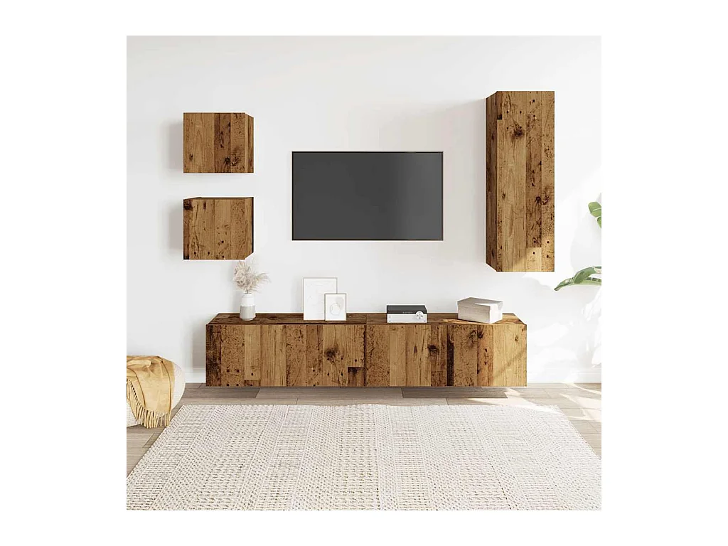 5-delige wandmeubelset voor tv, oud hout, bewerkt hout
