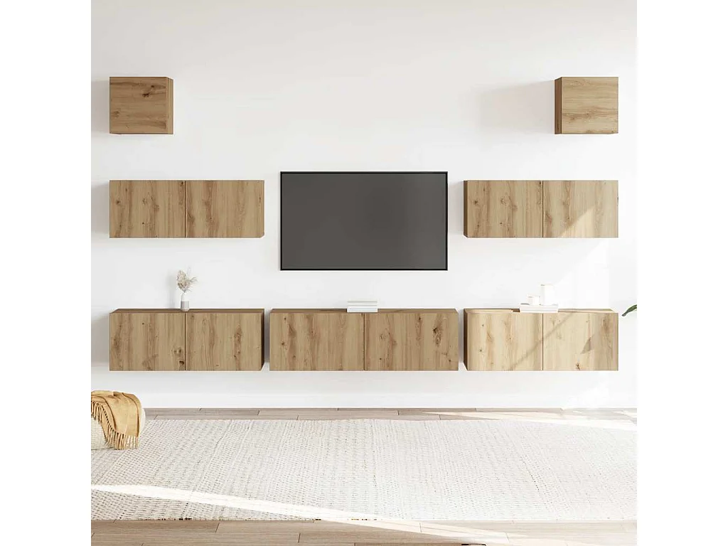 Set di mobili porta TV da parete da 7 pezzi, in rovere lavorato a mano