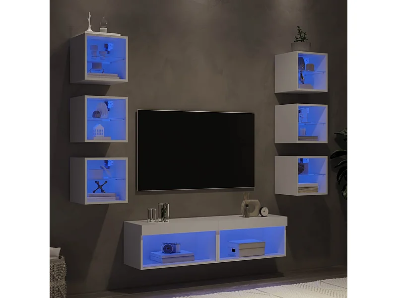 TV-Wandeinheiten mit LED 8 Stück weiß Holzwerkstoff