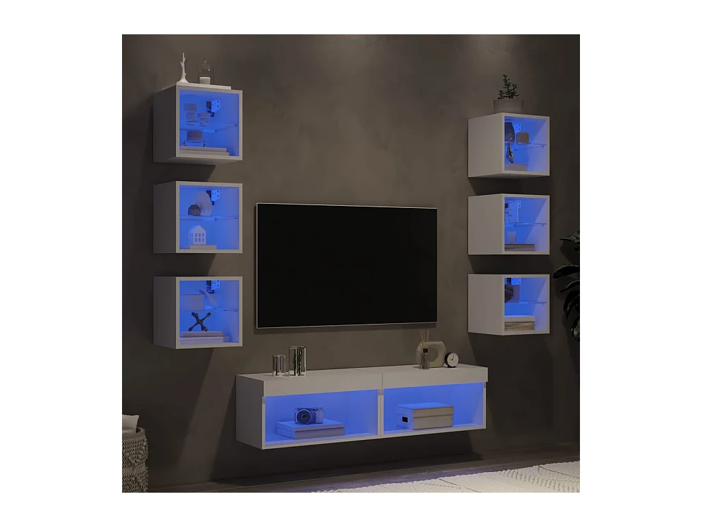 Unités murales TV avec LED 8 pcs blanc bois d'ingénierie