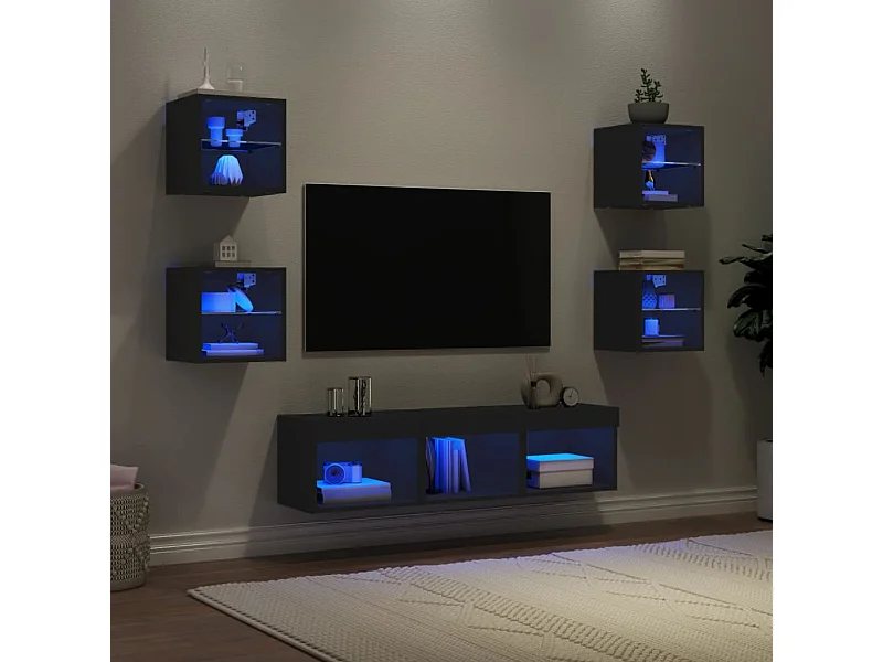 Parete attrezzata TV con LED 7 pezzi in legno ingegnerizzato nero