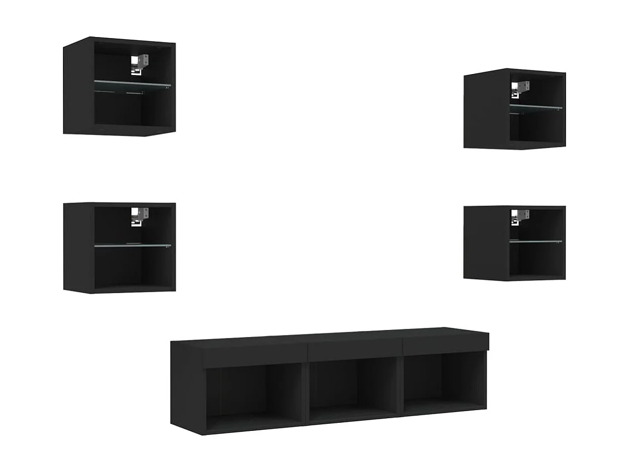 Unités murales TV avec LED 7 pcs noir bois d'ingénierie